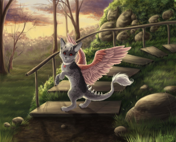 Обои картинки фото рисованные, животные,  сказочные,  мифические, кот, крылья