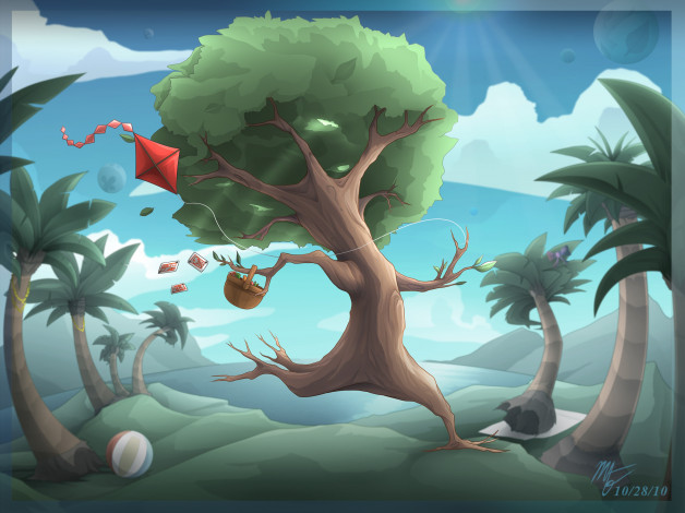 Обои картинки фото рисованные, - другое, дерево, змей, мяч, корзина, карты, убегает
