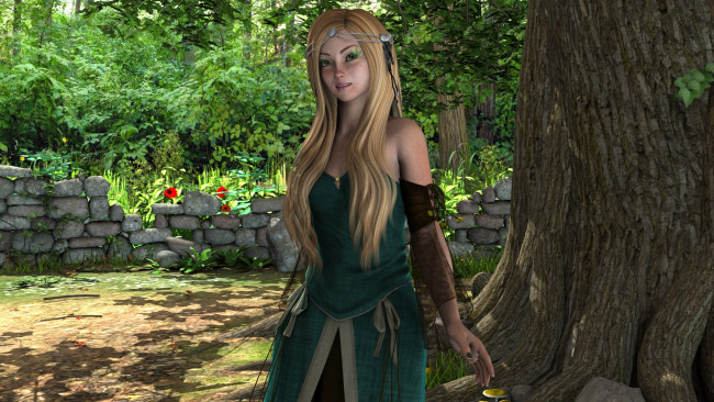 Обои картинки фото 3д графика, people , люди, дерево, блондинка, девушка, взгляд