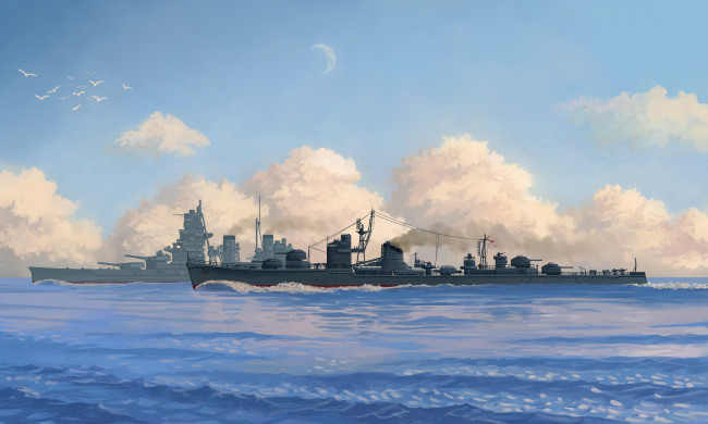 Обои картинки фото корабли, рисованные, птицы, облака, море, плавание