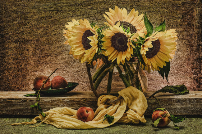 Обои картинки фото цветы, подсолнухи, персики, букет