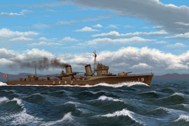 Обои картинки фото корабли, рисованные, волны, облака, дым, иероглифы