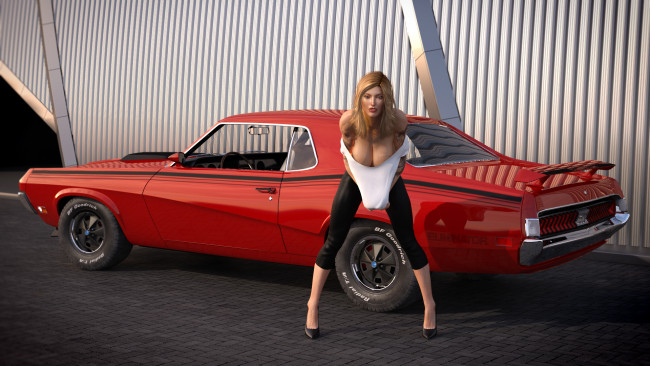 Обои картинки фото автомобили, 3d car&girl, девушка, автомобиль, фон, взгляд