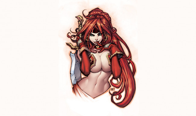 Обои картинки фото рисованное, комиксы, фон, девушка, меч, взгляд