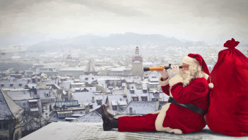 Картинка рисованное праздники крыша подзорная труба город санта клаус картина маслом