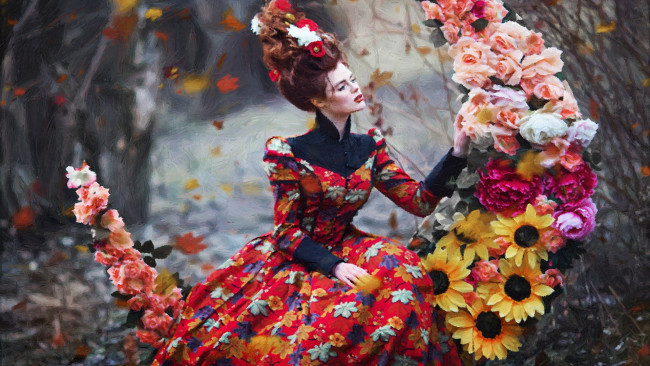 Обои картинки фото рисованное, люди, цветы, девушка, осень, картина, маслом