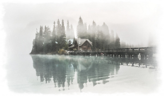 Обои картинки фото рисованное, природа, рисунок, дома, акварель, дом, река