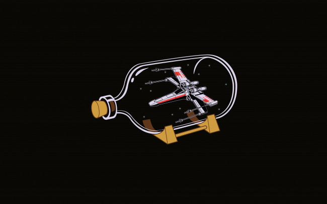 Обои картинки фото рисованное, минимализм, artwork, film, ship, in, a, bottle, x-wing, black, background, movie, minimalism, fantasy, star, wars