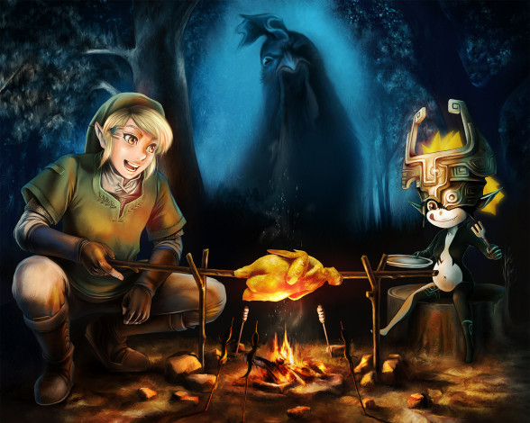 Обои картинки фото legend of zelda, видео игры, the legend of zelda, огонь, вертел, курица, существо, эльф