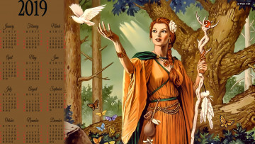 Картинка календари фэнтези природа лес дерево бабочка птица девушка