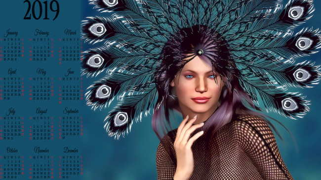 Обои картинки фото календари, фэнтези, девушка, перо, взгляд