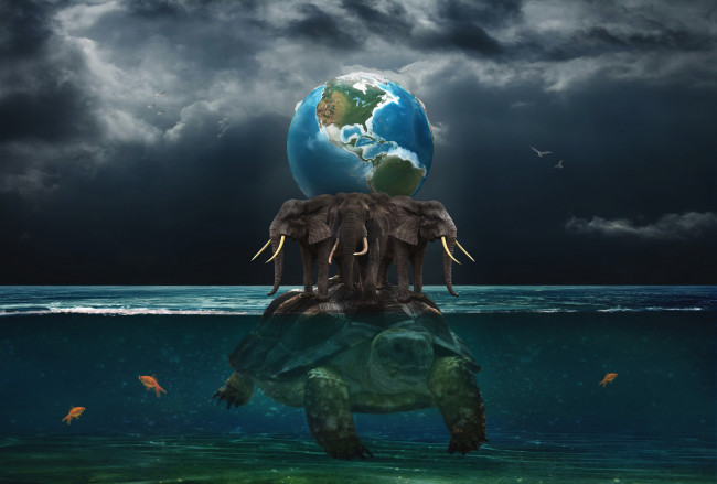 Обои картинки фото фэнтези, фотоарт, три, слона