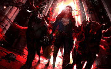 Картинка аниме животные +существа собаки монстры зал колонны парень