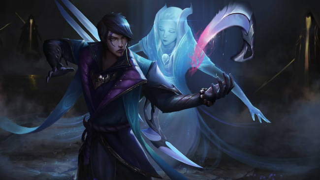 Обои картинки фото видео игры, league of legends, парень, девушка, дух, магия, aphelios, aluna