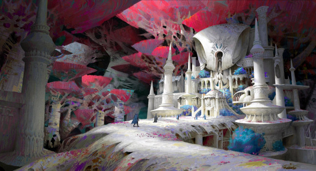 Обои картинки фото фэнтези, иные миры,  иные времена, дворец, люди, мост, деревья