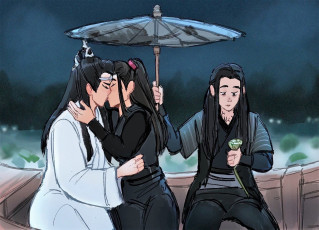 Картинка аниме mo+dao+zu+shi вэй усянь лань ванцзы вэнь нин зонт лодка поцелуй