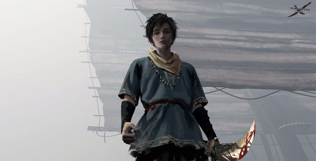 Обои картинки фото фэнтези, _ghost blade ,  призрачный клинок, парень, оружие, парус, туман