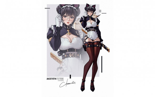 Обои картинки фото аниме, оружие,  техника,  технологии, девушка, горничная, ушки, птица