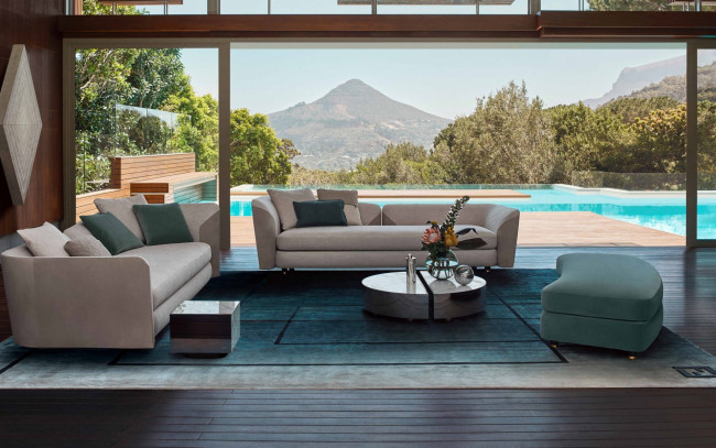Обои картинки фото интерьер, веранды,  террасы,  балконы, горы, бассейн, веранда, мягкая, мебель
