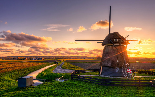 Обои картинки фото разное, мельницы, поля, мельница, закат