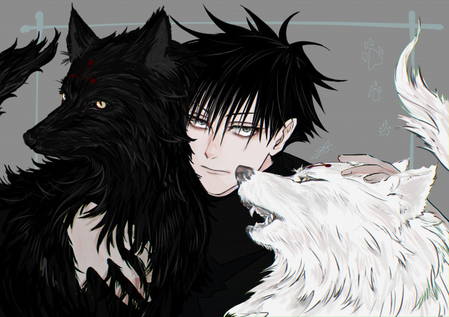 Обои картинки фото магическая битва, аниме, jujutsu kaisen, магическая, битва, парень, взгляд, волки, собаки, megumi, fushiguro