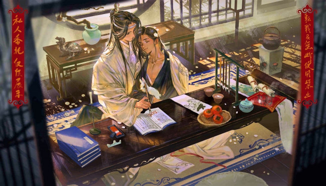 Обои картинки фото аниме, mo dao zu shi, лань, ванцзи, вэй, усянь, кролик, стол, сон