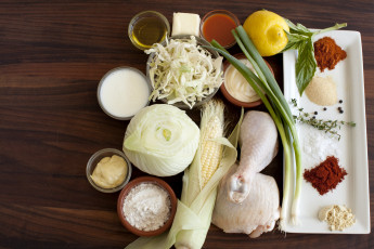 Картинка еда разное фенхель кукуруза курица специи горчица лимон ингредиенты