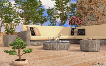 Картинка 3д графика realism реализм диван подушки деревь цветы вино