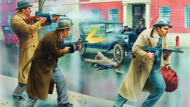 Обои картинки фото рисованные, люди, полицейские, плащ, автомат, ограбление, гангстеры, гильзы, машина, перестрелка, шляпа, здание, огонь