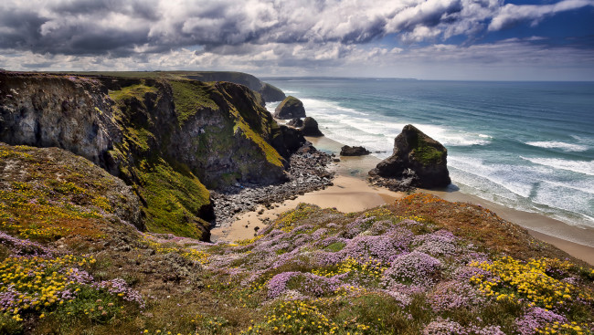 Обои картинки фото bedruthan, steps, cornwall, england, природа, побережье, celtic, sea, англия, кельтское, море, скалы