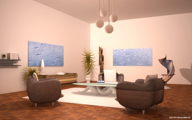 Обои картинки фото 3д, графика, realism, реализм, растения, картины, кровать, кресла, стол