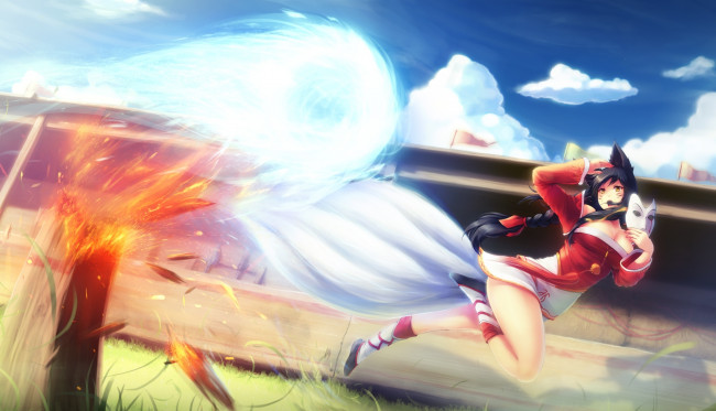 Обои картинки фото league of legends, фэнтези, существа, хвост, ahri, огонь, league, of, legends, лиса, маска