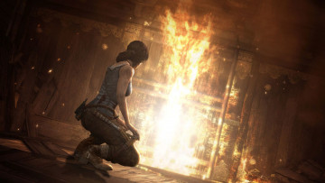 обоя lara croft tomb raider,  the action adventure, видео игры, фон, огонь, взгляд, девушка