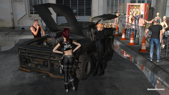 Обои картинки фото 3д графика, люди , people, фон, взгляд, девушки, автомобиль, парень