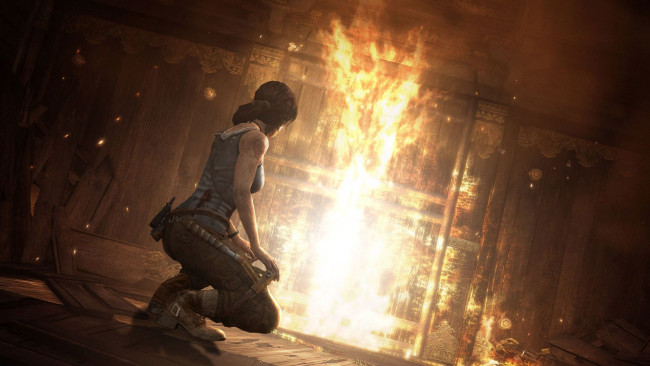 Обои картинки фото lara croft tomb raider,  the action adventure, видео игры, фон, огонь, взгляд, девушка