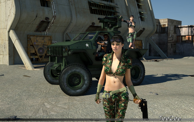 Обои картинки фото 3д графика, фантазия , fantasy, фон, оружие, взгляд, девушки