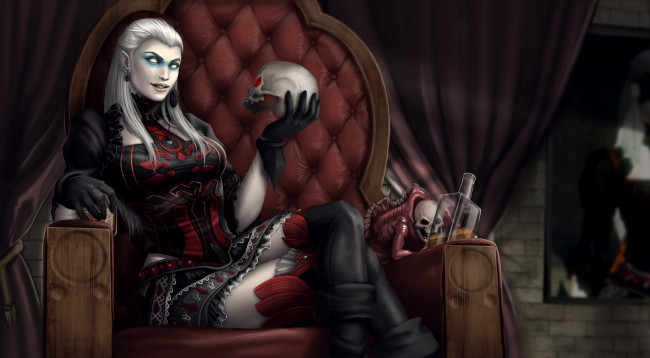 Обои картинки фото фэнтези, маги,  волшебники, девушка, фон, платье, взгляд, череп