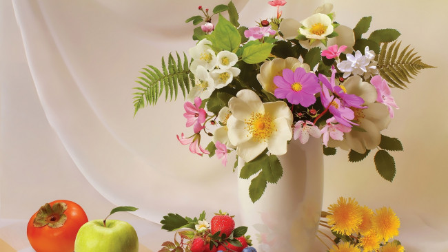 Обои картинки фото еда, натюрморт, букет, яблоко, хурма, клубника