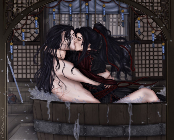 Обои картинки фото аниме, mo dao zu shi, лань, ванцзи, вэй, усянь, поцелуй, бочка