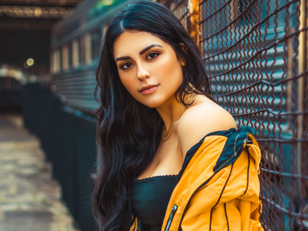 Обои картинки фото девушки, - брюнетки,  шатенки, девушка, сетка, декольте, длинные, волосы