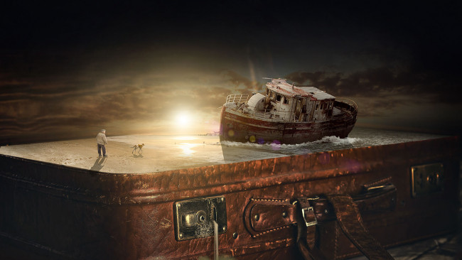 Обои картинки фото разное, компьютерный дизайн, дед, собака, фон, чемодан, корабль