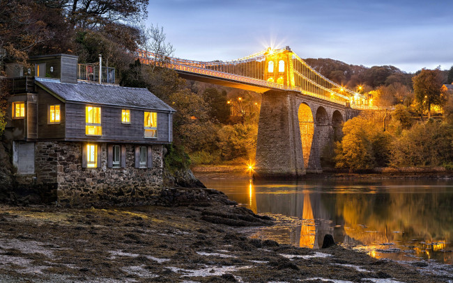 Обои картинки фото menai suspension bridge, wales, города, - мосты, menai, suspension, bridge