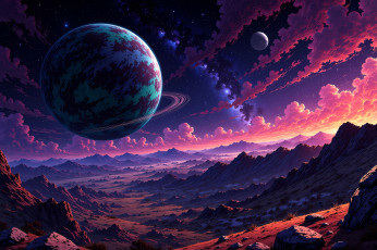 обоя космос, арт, планеты, облака, поверхность, скалы