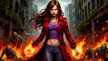 обоя альма майер,  по книге страж бытия , девушкаогонь , повелительницаогня , девушкапламя, фэнтези, маги,  волшебники, злая, девушка, каштановые, волосы, красное, пальто, открытый, пупок, фантастика, пирокинез, управление, огнем, огонь, персонаж, огненная, повелительница, огня, зомби