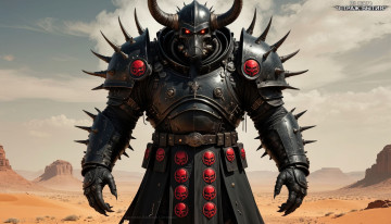 Картинка амон+капитан+сиграши +по+книге+-+страж+бытия 3д+графика существа+ creatures инопланетянин пришелец огромный гуманоид космический воин объемные черные доспехи со штырями закрытый шлем пар из шлема доспехов длинные рога знаки отличия