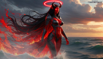 Картинка богиня+геката +по+книге+-+страж+бытия+ греческиебогини+ геката+ девушкагигант 3д+графика фантазия+ fantasy геката богиня гигантская красная кожа чёрные глаза прямые рога чёрная броня откровенная корона горящие волосы красный нимб лавовые вены океан по колени гигантский размер демоническая внешность