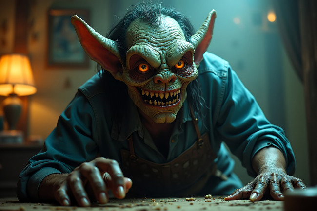 Обои картинки фото 3д графика, существа , creatures, гоблин, уши, роба, стол, комната, торшер