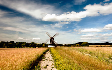 Картинка разное мельницы лето холмы цветы ветряная мельница поле колоски тропинка небо