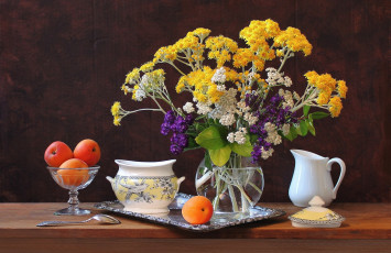 Картинка еда персики сливы абрикосы цветы букет