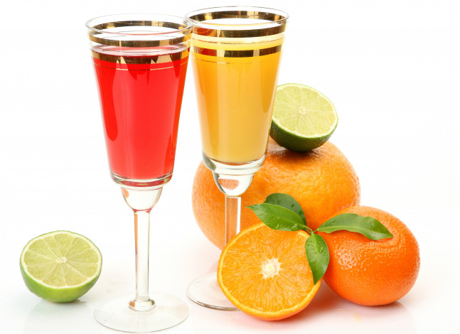 Обои картинки фото еда, напитки, сок, лайм, мята, апельсины, фужеры